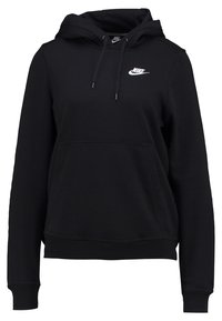 Svart bomullshoodie med känguruficka, dragsnören på huvan och vitt Nike-logotyp på vänster bröst. Ribbstickade muddar och fåll.