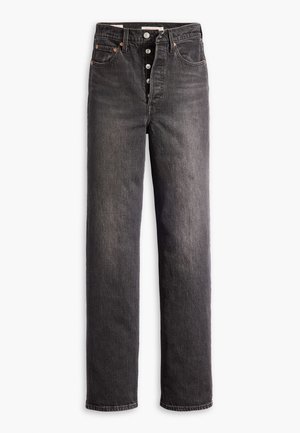Zwarte high-waisted jeans met een rechtuit ontwerp, gemaakt van denim. Heeft een knoopsluiting, koperen hardware accenten en contrasterende stiksels.