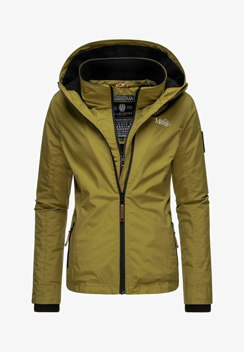 Alyvuogių žalios spalvos lengvas švarkas su kapišonu, užtrauktuku ir juodais akcentais. Yra dvi šoninės kišenės ir minkšta vidinė pamušalas.