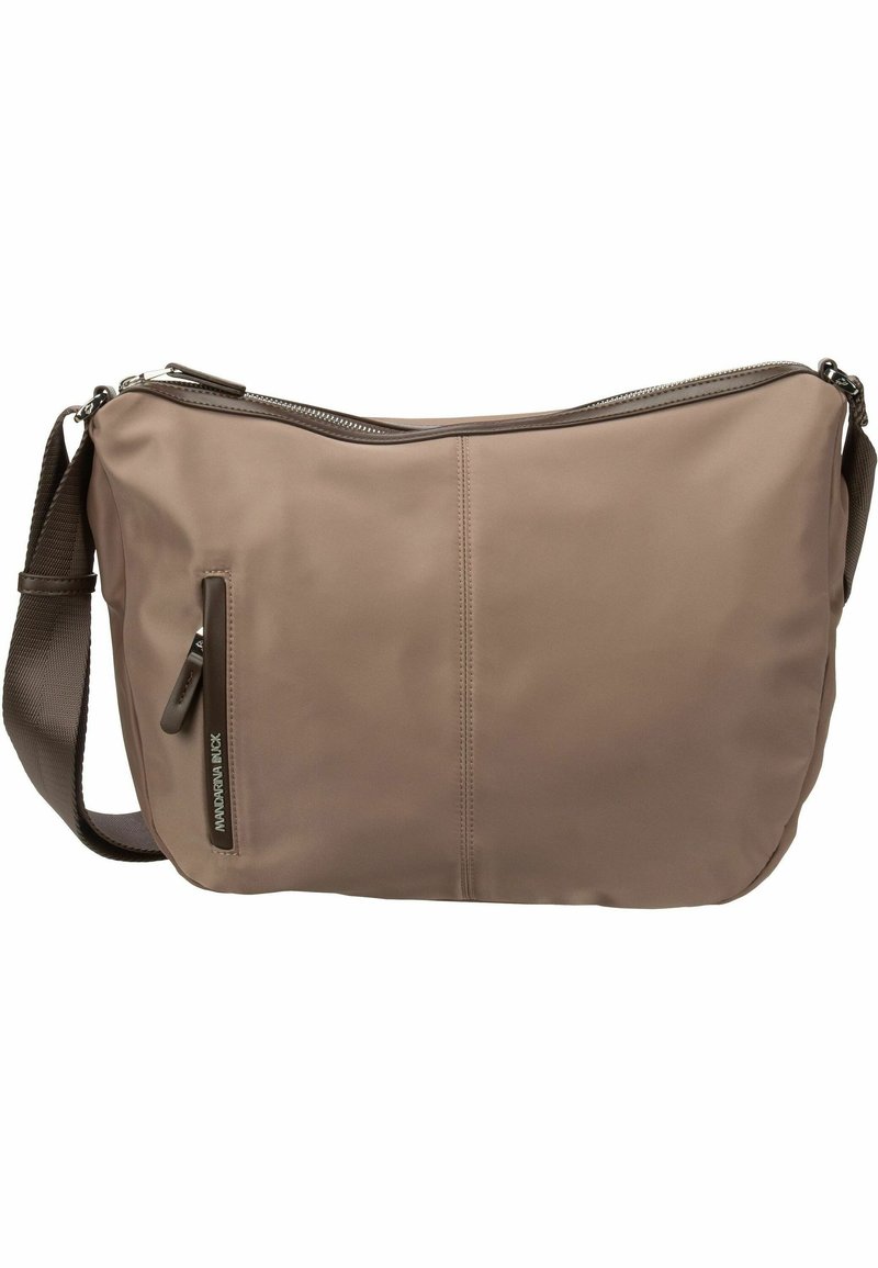 Borsa a tracolla in nylon marrone con chiusura a zip, tasca frontale con zip e tracolla regolabile. Presenta una texture liscia e un design minimalista.