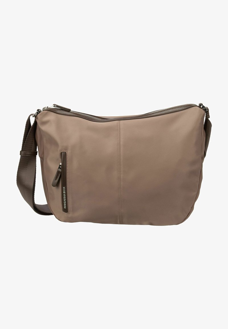 Borsa a tracolla in nylon marrone con chiusura a zip, tasca frontale con zip e tracolla regolabile. Presenta una texture liscia e un design minimalista.