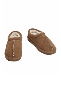 Brown suede slippers with a soft, white fur lining, rounded open back, and contrasting stitching detail along the front seam.