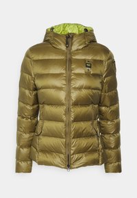 Chaqueta acolchada verde oliva con textura brillante, costuras horizontales, cierre de cremallera y capucha forrada en verde brillante. Cuenta con un parche con el logo.