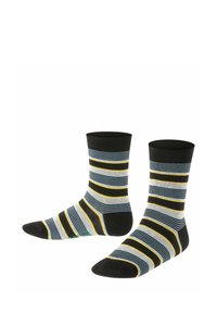 Skarpety w paski mają czarne, niebieskie, żółte i szare pasy. Wykonane z miękkiego materiału, mają prążkowany mankiet i wzmocniony obszar palców.