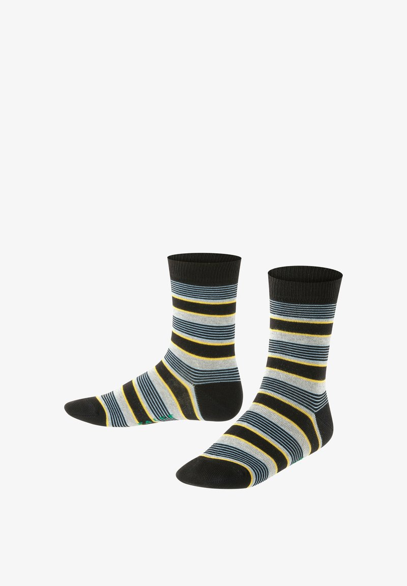 Skarpety w paski mają czarne, niebieskie, żółte i szare pasy. Wykonane z miękkiego materiału, mają prążkowany mankiet i wzmocniony obszar palców.