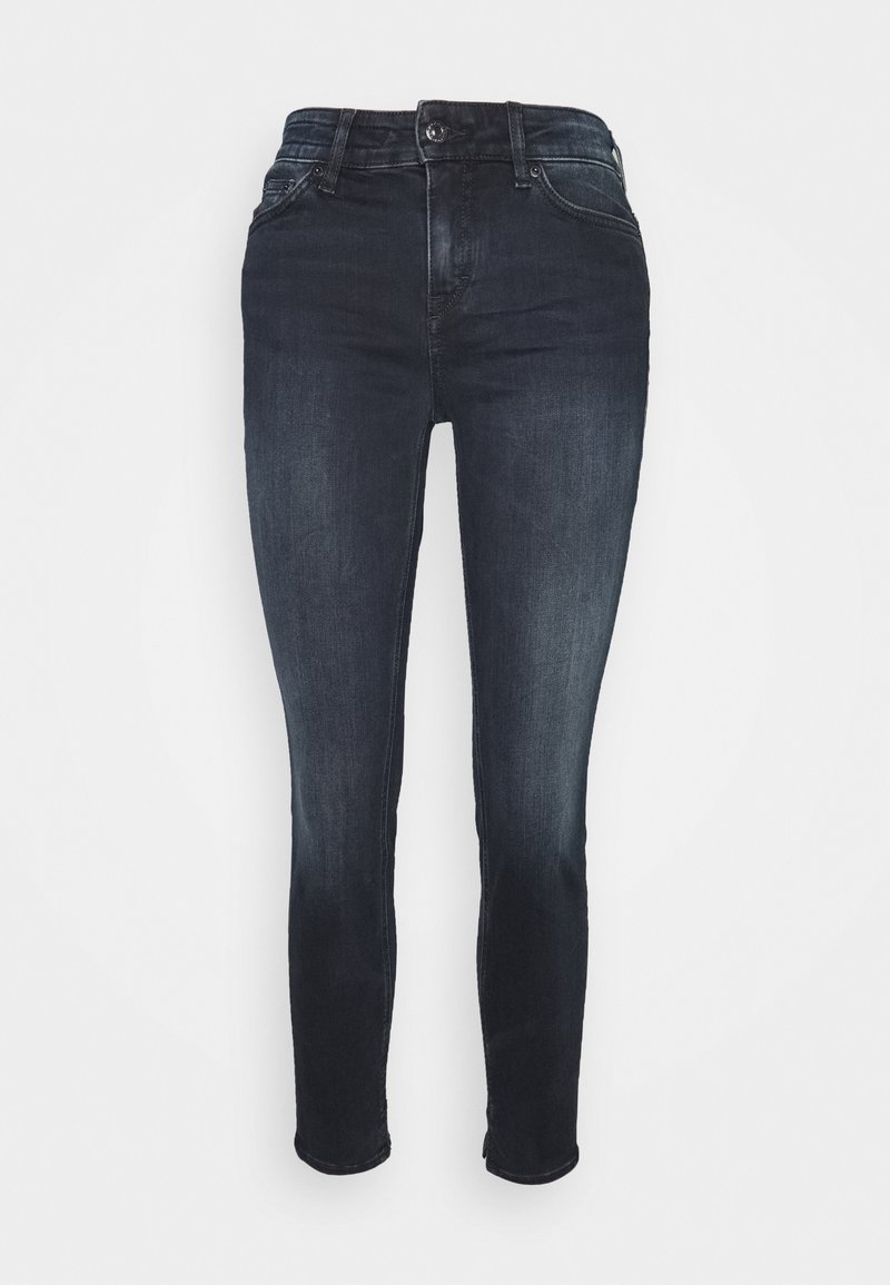 Dark blue skinny jeans with a classic five-pocket design, high waist, subtle fading, and traditional button and zipper closure.