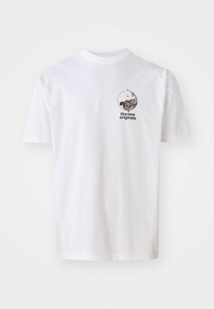 White cotton T-shirt with a crew neckline. Features a small black graphic of a wave and the text "the new originals" on the front.