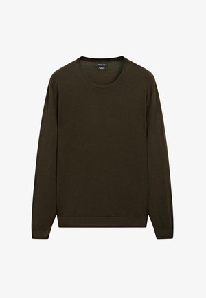 Dunkelgrüner Langarmpullover aus weichem Material, mit runder Ausschnitt und gerippten Bündchen sowie Saum. Schlichtes, einfarbiges Design.