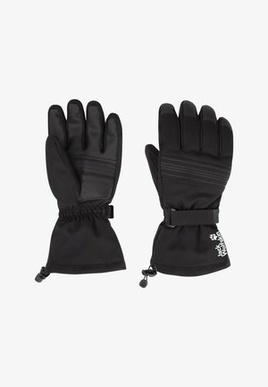Gants d'hiver noirs en tissu doux et texturé avec un poignet resserré et une sangle ajustable. Présente un logo de marque discret et des accents côtelés.