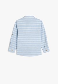 Camicia a maniche lunghe di colore azzurro chiaro con righe orizzontali bianche, polsini con bottone e colletto classico. Tessuto misto cotone con una texture liscia.