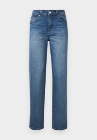 Jean en denim bleu droit avec fermeture avant à boutons et zip, cinq poches et légère décoloration sur les cuisses.
