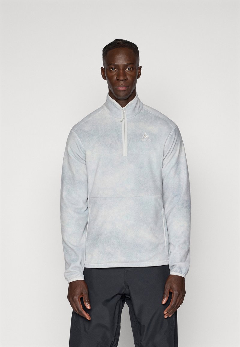Hallhallane fliisist pullover kõrge kraega ja poole tõmblukuga. Sellel on peen, udune muster ja väike logo rinnal.