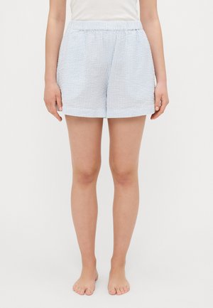 Lichtblauwe en witte geruite shorts van zachte stof; elastische tailleband; relaxte pasvorm; omgezoomde benen met een subtiele structuur overal.