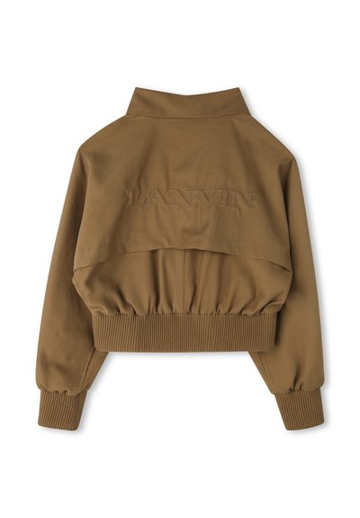 Braune, kurze Jacke mit hohem Kragen, elastischem Bund und gerippten Bündchen. Mit gesticktem "LANVIN"-Logo auf dem Rücken. Glatte Textur.