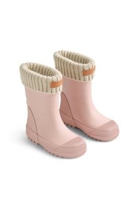 Rosa Gummistiefel mit einer strukturierten, gerillten Sohle und einem cremefarbenen, gestrickten Bündchen. Braunleder-Akzent am Bündchen.