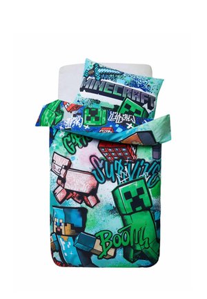 Juego de cama con personajes de Minecraft, incluyendo un Creeper, un cerdo y una espada de diamante, con texto y diseños coloridos en estilo graffiti.