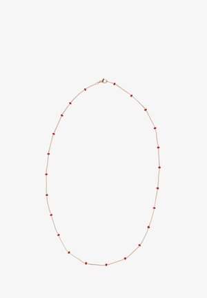Collana in oro delicata con piccole perle rosse distribuite uniformemente e chiusura a molla.