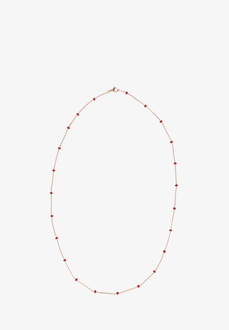 Finom arany lánc nyaklánc egyenletesen elhelyezett kis piros gyöngy részletekkel és homárkapocs záródással.