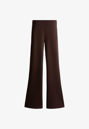 Hnedé široké nohavice s vysokým pásom, hladkým predným dielom bez viditeľných vreciek alebo gombíkov na bielom pozadí.