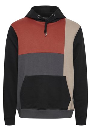 Sweat à capuche avec un design bicolore rouge, beige, gris et noir. Fabriqué en tissu doux avec une poche avant et des poignets côtelés.