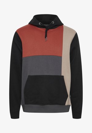 Hooded sweatshirt featuring a color-block design in red, beige, gray, and black. Made of soft fabric with a front pocket and ribbed cuffs.