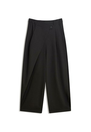 Black wide-leg trousers made of smooth fabric. Features a front pleat, button closure, and a tailored waistband for a streamlined fit.