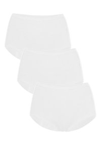 Tre paia di mutande alte in cotone bianco con texture liscia e cintura elastica, caratterizzate da un design semplice e senza cuciture.