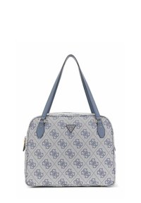 Sac en toile avec un motif gris clair, présentant des poignées et des accents en cuir bleu. Quincaillerie dorée et détail de logo triangulaire présents.