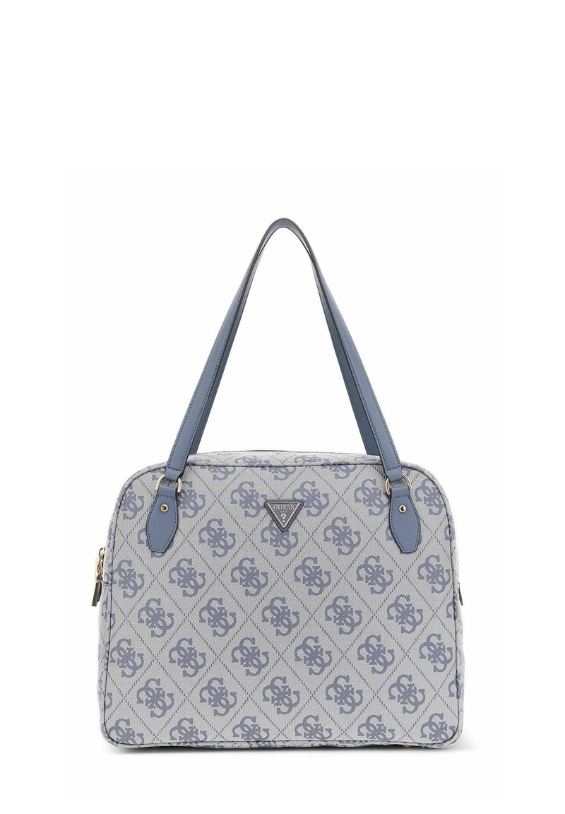 Sac en toile avec un motif gris clair, présentant des poignées et des accents en cuir bleu. Quincaillerie dorée et détail de logo triangulaire présents.