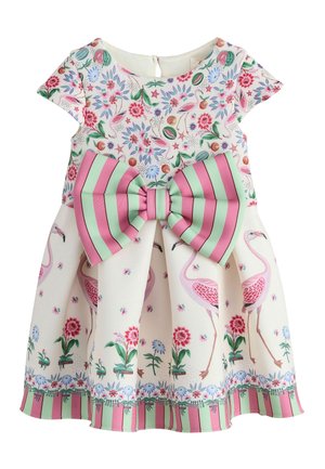 Kinderkleid mit rosa Flamingo- und Blumenprint, ausgestattet mit kurzen Ärmeln und großer rosa-grün gestreifter Schleife an der Taille.