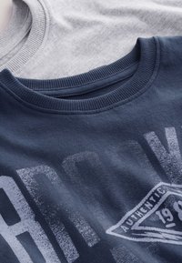 Deux t-shirts à col rond, l'un bleu marine avec un graphisme et un logo délavés, l'autre gris clair. Tissu en coton avec encolures côtelées et texture douce.