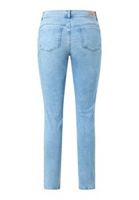 Světlé modré džíny z denimu se střihem rovného nohavice, obsahující čtyři kapsy a koženou značkovou nášivku na zadním pásku.