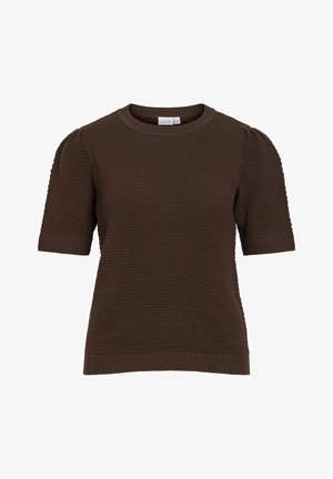 Smeđa teksturirana kratka majica od pletenog materijala s okruglim izrezom i rebrastim manžetama i rubom.