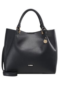 Svart läderhandväska med texturerad yta, dubbla topphandtag, avtagbar axelrem, guldfärgad hårdvara och en liten varumärkesetikett.