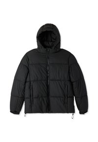 Czarna kurtka puchowa z kapturem, z zamkiem z przodu, pikowanym wzorem i bocznymi kieszeniami. Gładki, teksturowany materiał.