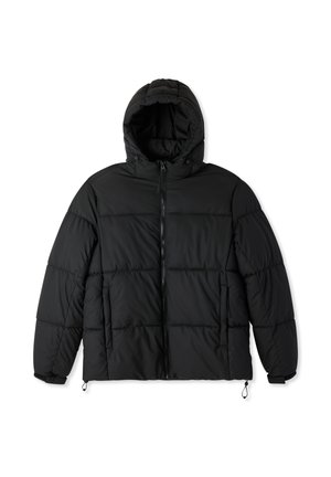 Giacca a vento nera con cappuccio, dotata di chiusura frontale con zip, design trapuntato e tasche laterali. Tessuto liscio e strutturato.