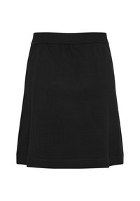Jupe noire en matériau lisse et extensible ; elle présente une taille élastique, une forme évasée et est de longueur genou sans motifs ni accents visibles.