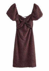Robe midi mauve avec des manches courtes et volantes, en tissu texturé, dotée d'un détail en nœud à l'avant et d'une jupe fluide. Présente un motif tissé complexe.
