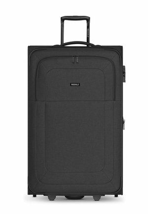 Valigia nera con esterno in tessuto liscio, tasche con cerniera, manico estraibile e quattro ruote per una facile mobilità.
