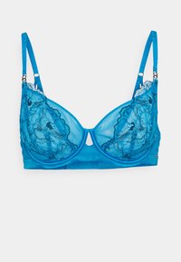 Soutien-gorge azul de renda com copas de malha transparente, bordados florais e alças ajustáveis. Apresenta um detalhe em abertura no centro e faixa inferior sólida.
