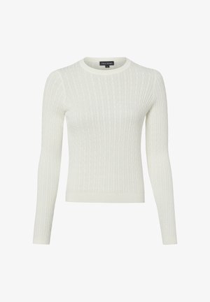 Witte kabelgebreide trui met lange mouwen, ronde hals, getailleerde pasvorm en geribbelde boorden en zoom.