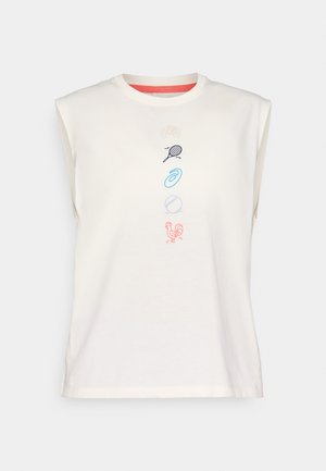 Svetlý krémový bavlnený tielko bez rukávov s okrúhlym výstrihom, zdobené farebnými vyšívanými ikonkami: mušľa, tenisová raketa, špirála, loptu, kohút.