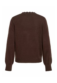Pull en maille marron à manches longues vu de dos avec des poignets et un ourlet côtelés ainsi qu'un détail d'encolure festonnée.