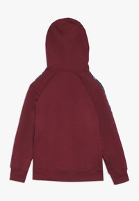 Felpa con cappuccio bordeaux con tasca a marsupio, polsini a coste e strisce laterali blu navy, realizzata in morbido tessuto misto cotone.