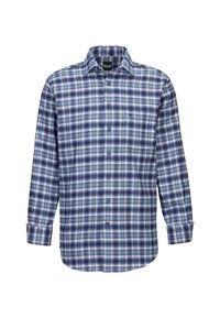 Camicia a quadri con motivo blu, bianco e marrone, maniche lunghe, chiusura con bottoni e taschino sul petto. Realizzata in tessuto di cotone.