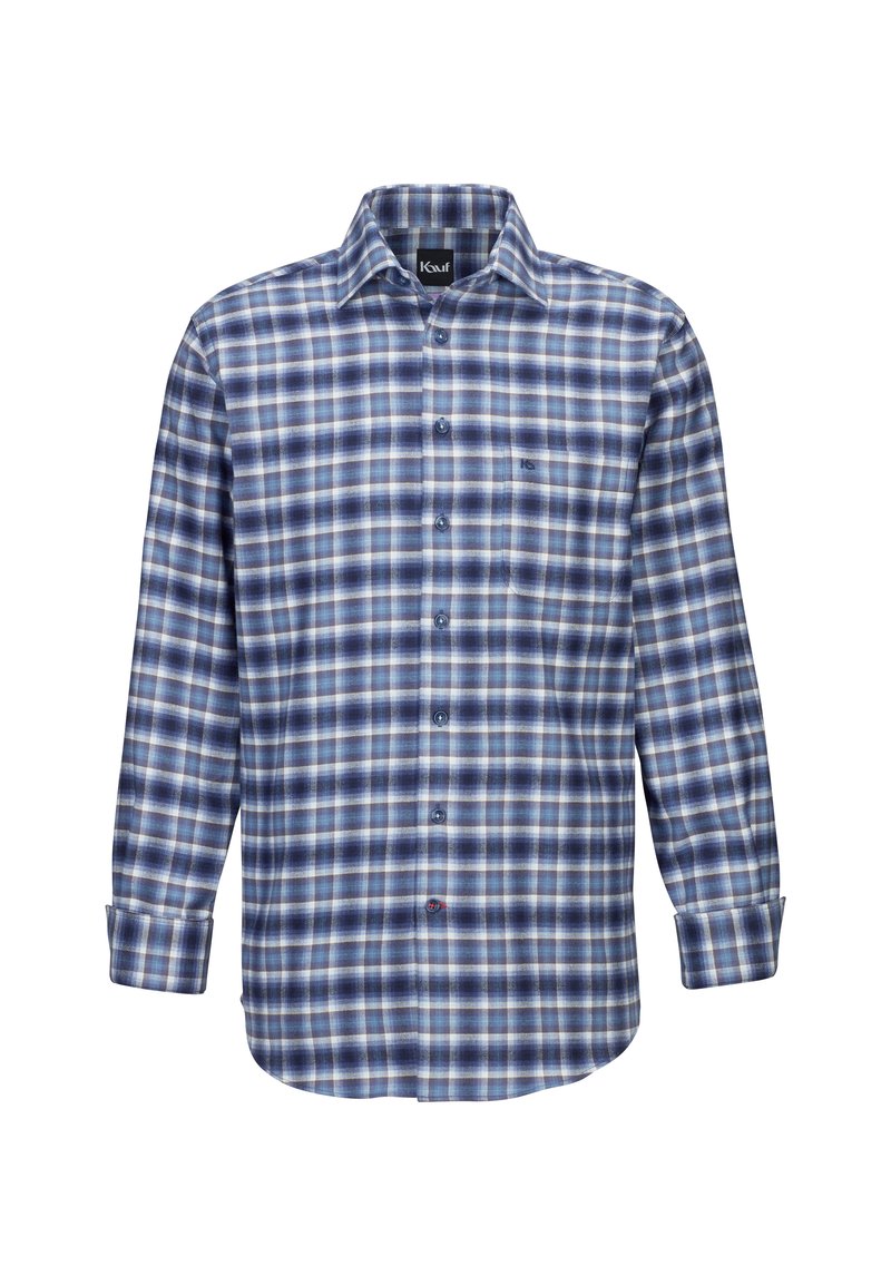 Camicia a quadri con motivo blu, bianco e marrone, maniche lunghe, chiusura con bottoni e taschino sul petto. Realizzata in tessuto di cotone.