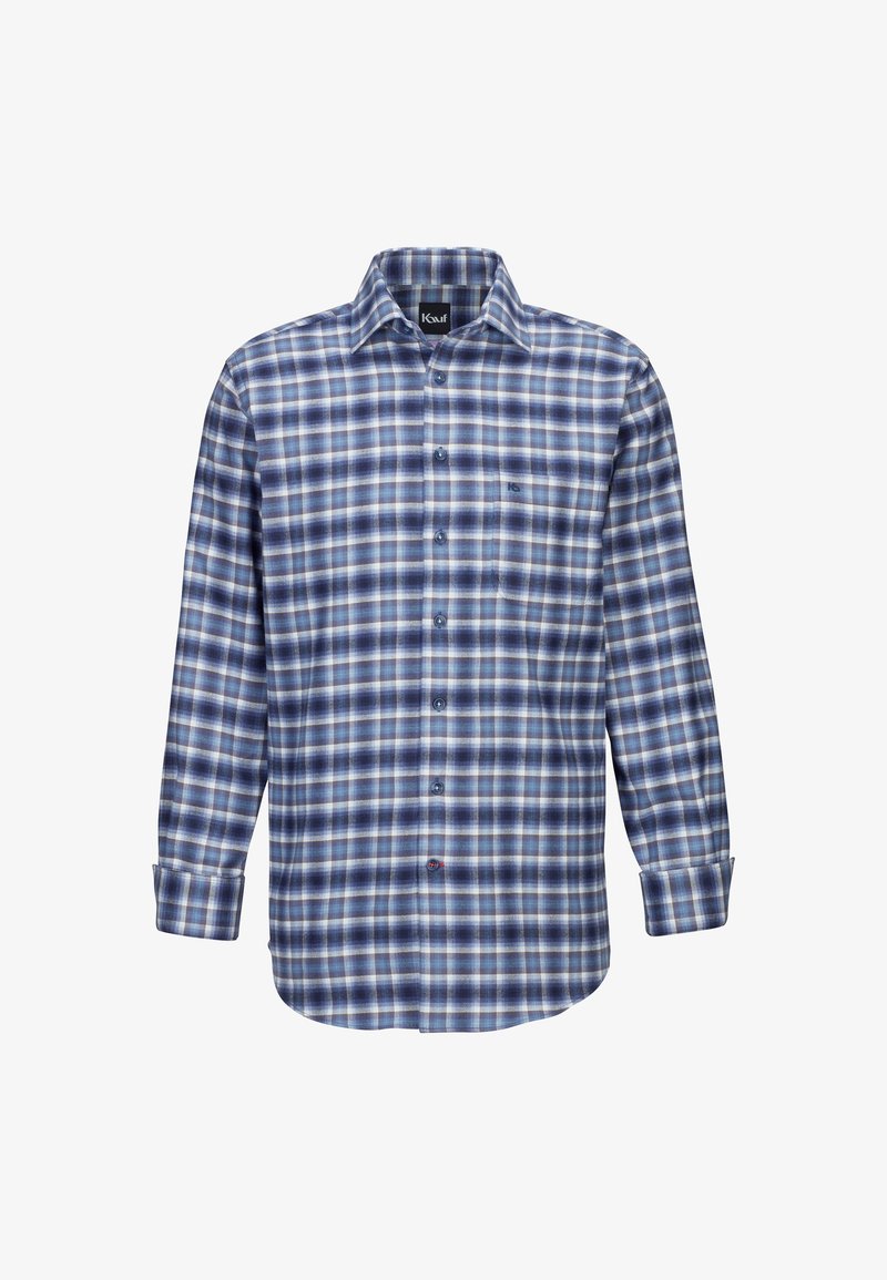 Camicia a quadri con motivo blu, bianco e marrone, maniche lunghe, chiusura con bottoni e taschino sul petto. Realizzata in tessuto di cotone.