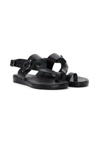 Sandali neri in pelle con più cinturini, suola piatta e dettaglio con fibbia. Presentano un design open-toe e una superficie liscia.
