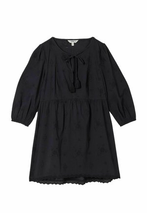 Black knee-length dress with 3/4 puff sleeves, floral eyelet pattern, round neckline, and tassel tie closure at front.