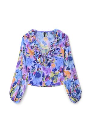 Leichte Bluse mit Blumendruck, gerüschtem Ausschnitt und langen Puffärmel. Sie zeigt lila, gelbe und blaue Farbtöne auf einem transparenten Stoff.